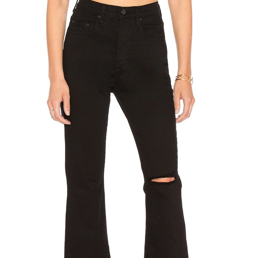NOBODY Denim Belle High Rise Flare Crop Distressed Torn Jean, Black